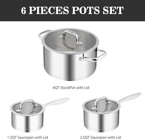 Rorence 3-Piece Stainless Steel Pots and Pans Set,1.5Qt/2.5Qt Saucepans,6Qt