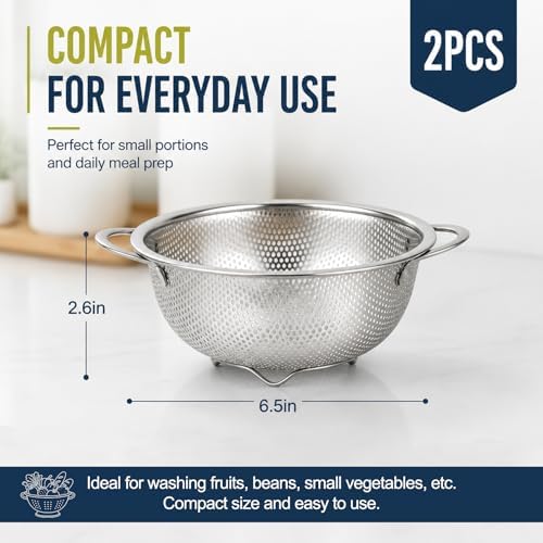 Palksky Small Colander Set of 2, 800 mL / 0.85 Qt Stainless Steel Mini Colanders with Riveted Handles, Footed Base & Micro-Perforations, Berry Wash Bowl for Berries, Fruits, Vegetables & Pasta