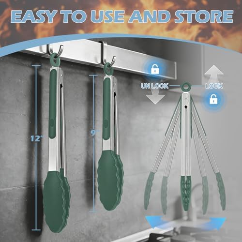 TACGEA Stainless Steel Kitchen Tongs with Silicone Tips, Locking Grilling Food Tongs, 9" and 12", Set of 2 Dark Green