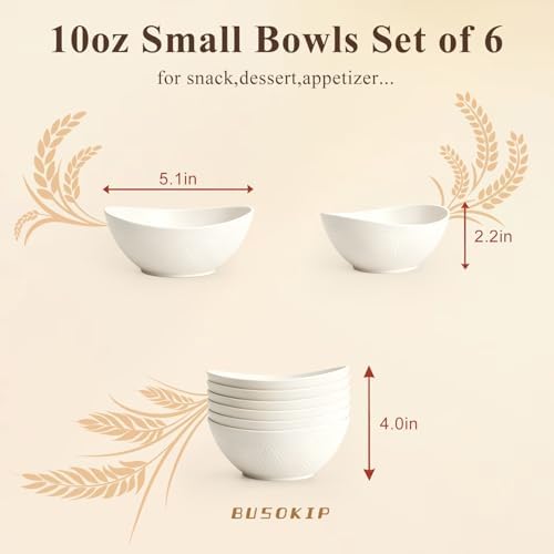 Wheat Straw Bowls Set of 6, Unbreakable Small Plastic Bowls 10oz, Small Serving Bowls for Ice Cream, Yogurt, Snack, Dessert, Microwave & Dishwasher Safe Mini Bowls for Kitchen, Party - White
