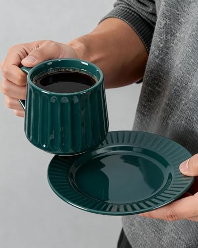 Ceramic Cup and Saucer Set,11.5 oz Coffee Cups with Saucers Modern Porcelain Espresso & Tea Cup Set,Dishwasher & Microwave Safe,for Home & Entertaining (Dark Green)
