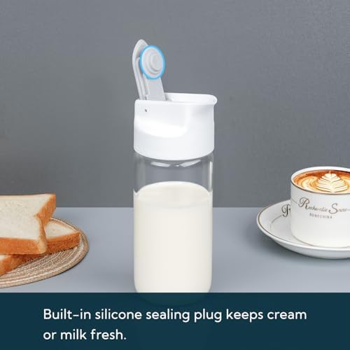 KITCHENDAO Glass Creamer with Fresh-Keeping Lock Mechanism, Drip-free Spout, 12 oz Milk Pitcher with Lid, Borosilicate Glass Creamer Container, Dishwasher Safe