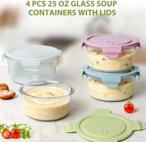 25oz Glass Meal Prep Containers for Food Storage with Airtight Lids, 4 PACK