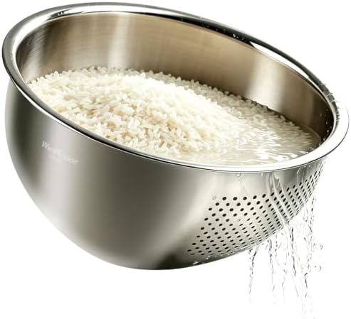 Rice Strainer Colander for Kitchen, 4 QT Stainless Steel Rice Washing Bowl