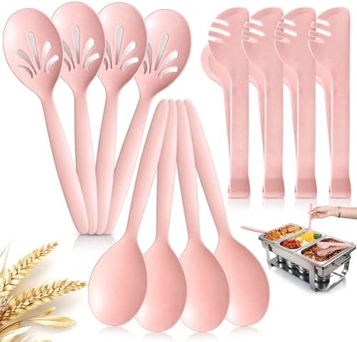 Reusable Plastic Serving Utensils Set of 12, Wheat straw Large Serving set 10" Serving Spoons/10" Slotted Spoons/9.4" Tongs, for Party Buffet Catering (Pink, Not for Cooking)