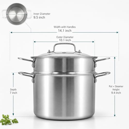 DELARLO 8 Quart Tri-Ply 18/10 Stainless Steel Stock Pot with Steamer