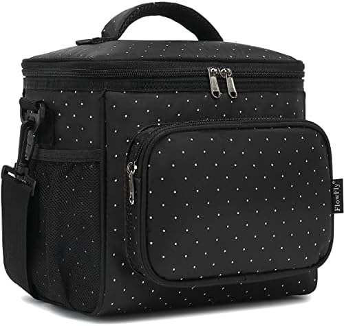 FlowFly Insulated Reusable Lunch Bag Adult Large Lunch Box for Women and Men with Adjustable Shoulder Strap,Front Zipper Pocket and Dual Large Mesh Side Pockets,Dot