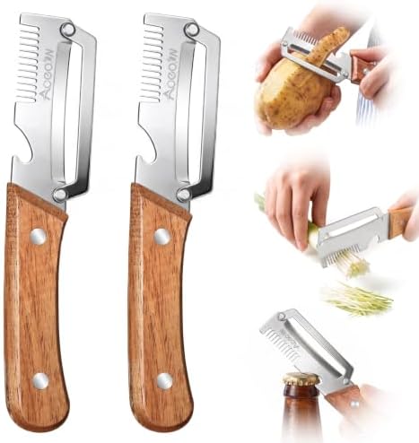 2 Pack Multifunctional Vegetable Peeler, 3-in-1 Peeler For Kitchen with Bottle Opener, Stainless Steel Peelers with Wooden Handle, Ergonomic Handheld Peeler for Peeling Vegetable, Fruit, Scallion