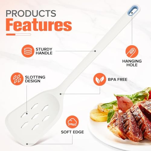 Silicone Spatula Set of 2 Pack, Heat Resistant Solid&Slotted Turner (WHITE)