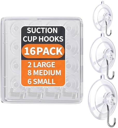 KORCCI Suction Cup Hooks 16Pack Assorted Size- 6 Small 8 Medium 2 Large, Clear Suction Cup, Stainless Steel Hook, No Trace, Reusable & Removable, for Tile, Glass, Window, Shower, Kitchen, Bathroom