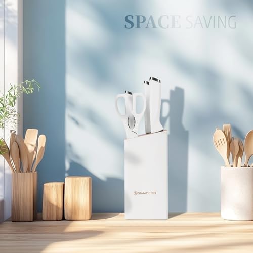 White Knife Set with Wooden Block, 7-Piece Knife Block Set