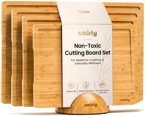 SMIRLY Wood Cutting Board - 4 Pack Cutting Board Set with Stand - Bamboo