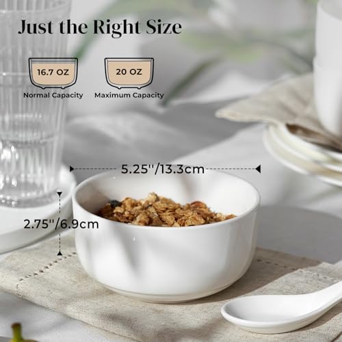 DOWAN White Ceramic Bowls Set of 6, 20 oz Ceramic Cereal Bowls, Everyday Cereal, Soup & Rice Bowls, Stackable Stoneware for Modern Kitchens, Dishwasher & Microwave Safe Bowl