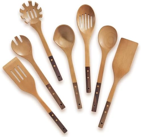Wooden Spoons Set 7-Piece, Two-Tone Walnut & Beech Utensils, Elegant Non-Stick Kitchen Tools, Heat Resistant Cooking Gift Set with Pasta Spoon & Skimmer