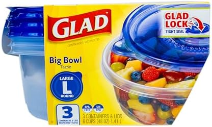 Glad GladWare Big Bowl Food Storage Containers, Large Round, 48 oz - 3 Count (Pack of 6)