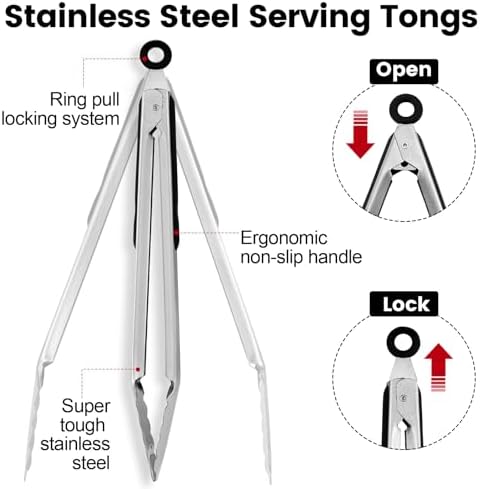 CHENGU12 Pack Stainless Steel Tongs 4/5/7inches Food Serving Clip Kitchen Cooking Tongs High Heat Resistant Clips for Cooking Non Stick Locking Grip for Ribs, Steak and Grill Salad