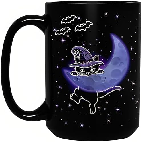 Halloween Witchy Cat Coffee Mug for Cat Lovers, 15oz Black Ceramic Tea Cup