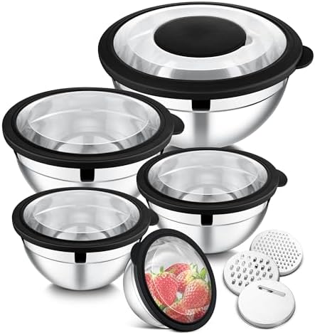 E-far Mixing Bowls, Stainless Steel Salad Mixing Bowl with Lid & Grater Set