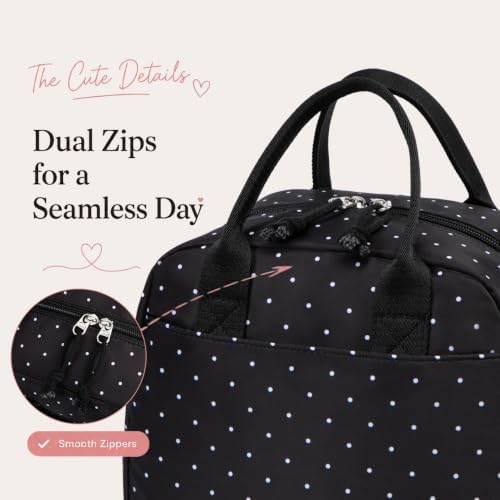 LOVELYWIND Lunch Box for Women, Insulated Lunch Bag, Black Polka Dot Tote