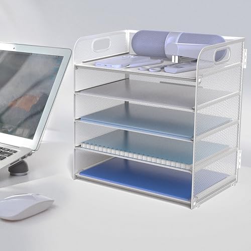 Letter Tray Paper Organizer 5-Tier Desk Organizer File Organizer Paper Holder with Handle, Metal Desktop Document Shelf Tray Office Classroom Organization - Silver
