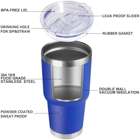 DOMICARE 30oz Tumbler Bulk with Lid and Straw, Double Wall Travel Coffee Mug, Insulated Vacuum Stainless Steel Tumblers, Powder Coated Tumbler Cup (Dark Blue, 8)