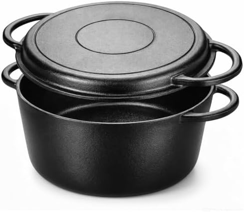 5QT Cast Iron Dutch Oven with Skillet Lid, 2-in-1 Cookware Set
