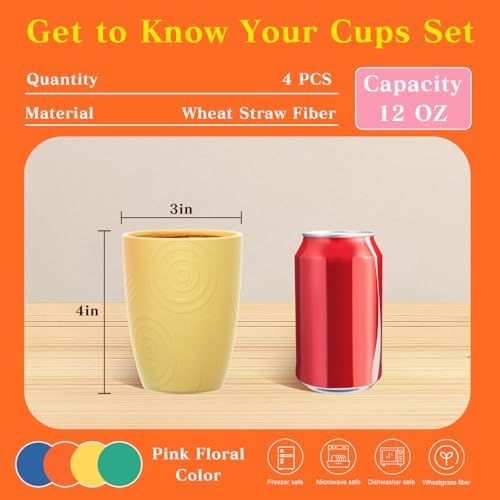 Homienly Plastic Cups Alternative Wheat Straw Drinking Glasses 4-Pack | 12 oz Unbreakable & Reusable Plastic Cups, Microwave Safe | Everyday Kids Tumblers & Kitchen Accessories (Multi-Color)
