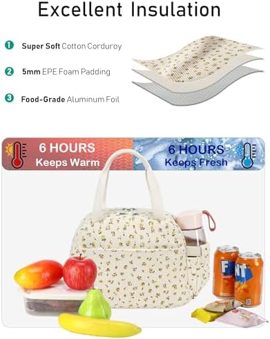 Lunch Box Lunch Bag Insulated Lunchbox Cute Reusable Lunch Tote bags for School Work Picnic for Kids Girls Women (Beige Floral)