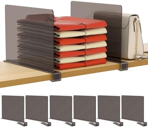 HBlife 6 Pack Grey Shelf Dividers, Vertical Purse Organizer for Closet Perfect for Sweater, Shirts, Handbags in Bedroom and Kitchen, Adjustable Acrylic Bookshelf for Organization