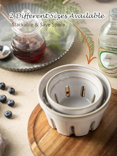 Gomakren Ceramic Berry Basket Set of 2, Fruit Bowl Colanders 5.8 Inch White