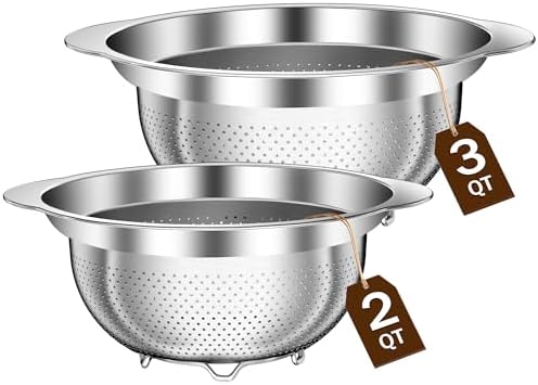 Stainless Steel Strainers for Kitchen, Stainless Steel Colander, Kitchen Strainer for Pasta Fruit Veggie Hot Food, 2 Pack Strainers and Colanders(2QT & 3QT), Dishwasher Safe, Silver