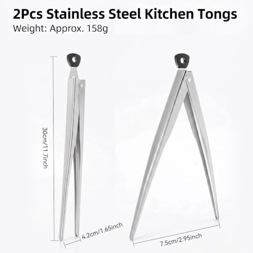 Stainless Steel Tongs 2-Pack, 11-inch Pull-Ring Locking Cooking Tongs with Non-Slip Precision Serrated Tips, Food Grade Heavy Duty Grill Tongs for BBQ, Air Fryer, Bacon, Steaks, Cooking