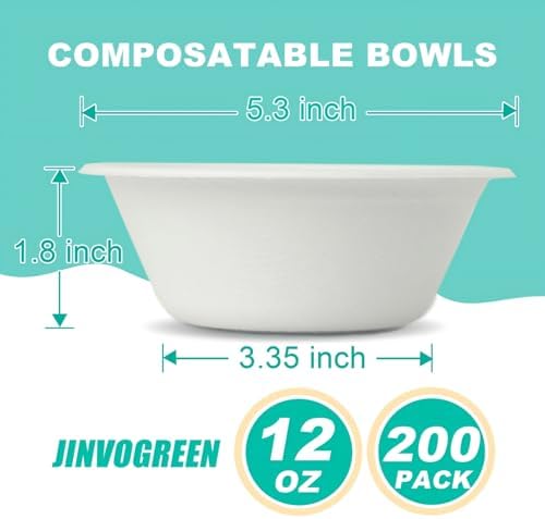 JINVOGREEN 200 Count 12 oz Paper Bowls Disposable, Compostable Bowl, White
