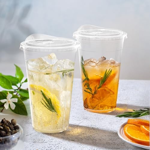 Dealusy 100 Pack - 20 oz Clear Plastic Cups with Sip Lids