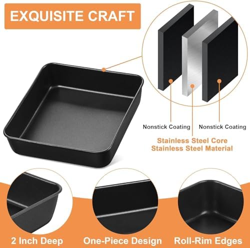 E-far 8 Inch Baking Pan Set of 2, Nonstick Square Cake Pan for Lasagna Cake