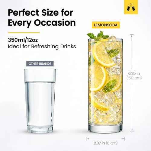 LEMONSODA Premium Highball 12oz/15oz Glass Sets - Elegant Tom Collins Glasses - Tall Water Drinking Glasses - Bar Glassware for Mojito, Whiskey, Cocktail (12oz, Set of 12)