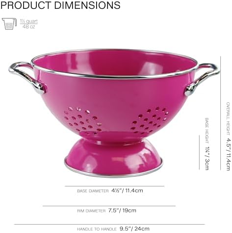 Reston Lloyd, 1.5 Quart Powder Coated Steel Kitchen Strainer Basket for draining Pasta, Vegetable and Fruit, Chrome Handles and Wide Stable Base, Magenta