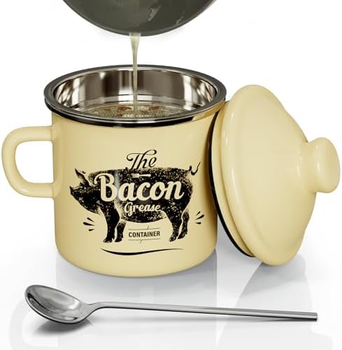 Bacon Grease Container with Strainer-15OZ Enamel Saver, Dishwasher Safe