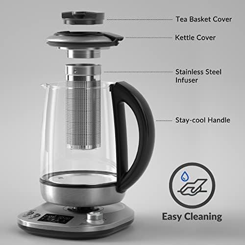 Mecity Electric Tea Kettle with Removable Infuser, 9 Preset Brewing Programs, Temperature Control, 2 Hours Keep Warm, Borosilicate Glass, 1.7 Liter, 1200W