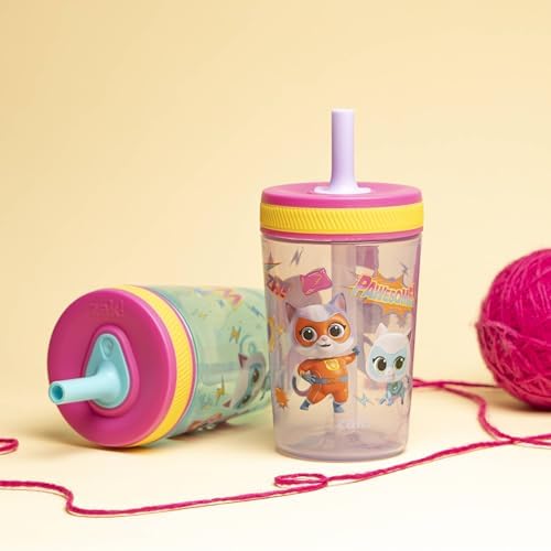 Zak Designs Disney SuperKitties Kelso Toddler Tumblers For Travel or At Home, 15oz 2-Pack Durable Plastic Sippy Cups With Leak-Proof Design is Perfect For Kids (Ginny, Sparks, Buddy, Bitsy)