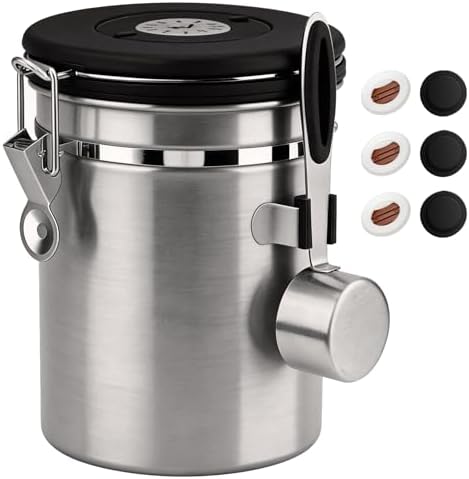 ShanSon Coffee Canister Airtight, Stainless Steel Bean Storage Container with Date Tracker & Scoop, Grounds Sugar Flour Tea Cereal Fits Kitchen Pantry, Ideal Gift for Coffee Lovers,22oz,Silver