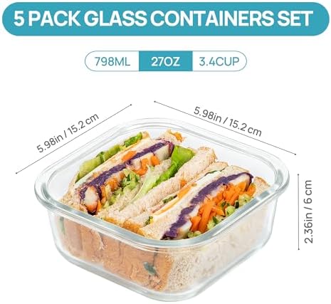 Vtopmart 5Pack 27oz Glass Food Storage Containers with Lids, Grey