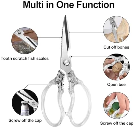 CGBE Kitchen Scissors, Multi-Purpose Kitchen Shears, Heavy Duty Food Scissors for Chicken, Poultry, Fish, Meat & Herbs with Non-Slip Grips (Transparent)