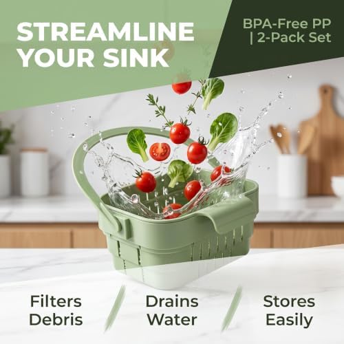2 Pack Foldable Hanging Sink Strainer Basket, Over Sink Collapsible Colander with Faucet Hook, Kitchen Drain Basket for Washing Fruits Vegetables, Food Scraps Strainer & Sink Organizer
