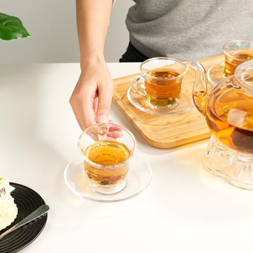 Glass Tea Cups and Saucers Set of 6, Clear Coffee Mugs with Stainless Steel Spoon, Dishwasher & Microwave Safe Teacups for Espresso Cappuccino Latte Tea Juice, 6OZ/180ML