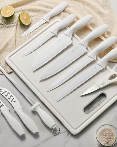 EUNA Knife Block Set, 19 PCS White Kitchen Knife Set with Acrylic Block and Sharpener, German High-Carbon Stainless Steel Knife Sets with 6 Serrated Steak Knives, Chef Knife, Dishwasher Safe