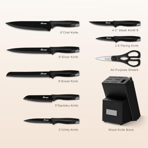 15 PCS Black Knife Set for Kitchen with Block, Built-In Sharpener