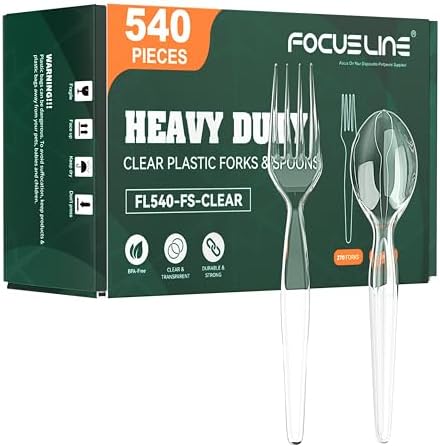 FOCUSLINE 540 Count Heavy Duty Clear Plastic Forks and Spoons Set