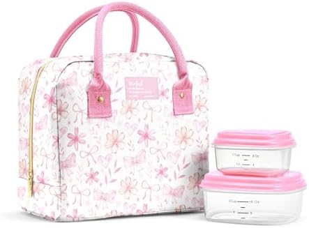 Fit & Fresh Bloomington Lunch Bag for Women - Insulated Large Lunch Box for Work with Containers, Leak-Resistant, Stain-Resistant, Zipper Closure, Sweet Floral Bows