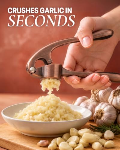 Zulay Kitchen Premium Garlic Press Set - Rust Proof Professional Garlic Mincer Tool - Easy-Squeeze, Easy-Clean with Soft, Ergonomic Handle - Silicone Garlic Peeler & Brush (Copper)